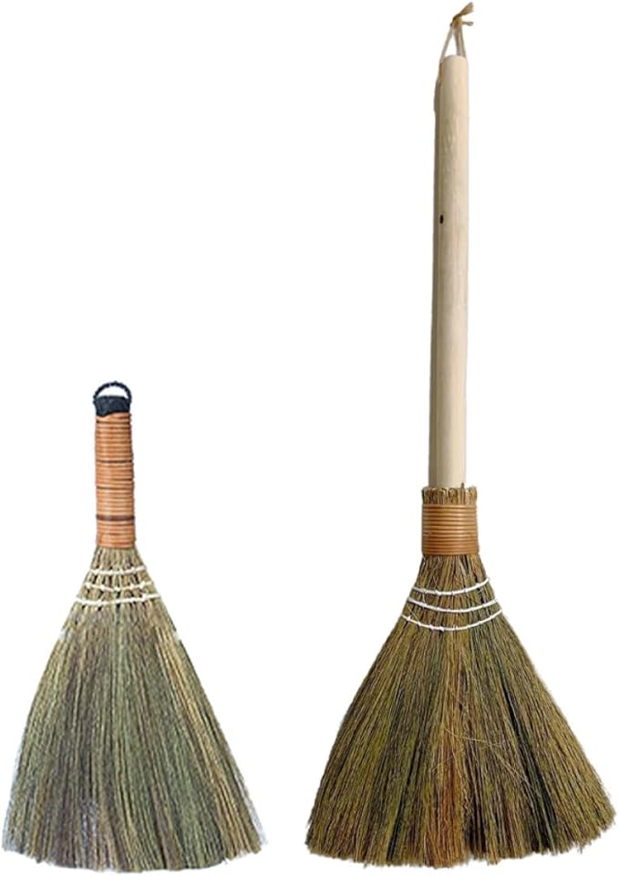 Hand Woven Broom Set Small Soft Grass Sweeper with Detachable Long Handle Household Dust Brush for Living Room Cleaning 2pcs Natural Cleaning Supplies