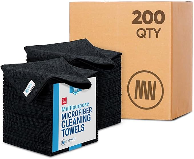 Bulk 16 x 16 All Purpose Microfiber Towels Wholesale - Case Quantity (200 Count) | Large | No Fraying | High Density Microfiber | Zero Chemical Cleaner | Long-Lasting (Black)