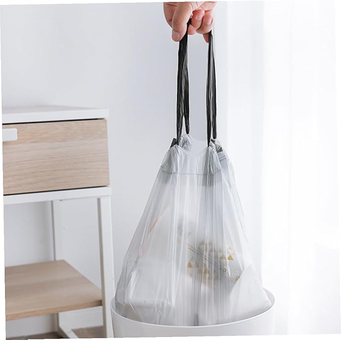 Disposable Drawstring Trash Bags 90pcs Portable Rubbish Bags with Red and Blue Drawstrings Gray and White Color Mixed Suitable for Kitchen and Household Waste Random Color
