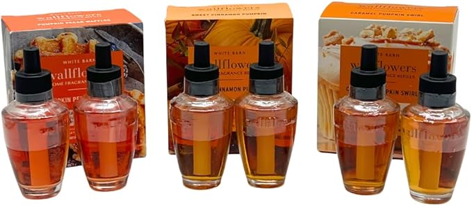 Bath &amp Body Works Wallflowers Refills FALL PUMPKIN Collection 3-Fragrance Bundle with 40-Inch Autumn Plaid Ribbon Bow – Pumpkin Pecan Sweet Cinnamon &amp Caramel Swirl (2-Pack Each)