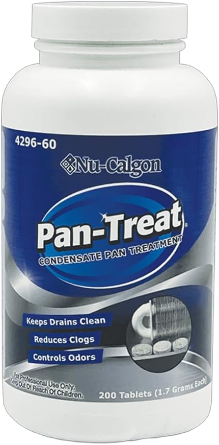 Nu-Calgon Upgraded 4296-60 Pan-Treat Condensate Drain Tablets (200 Tablets per Bottle) – Controls Odors &amp Prevents AC Drain Line Clogs Non-Toxic Non-Corrosive – Single Can [200 Tablets total].