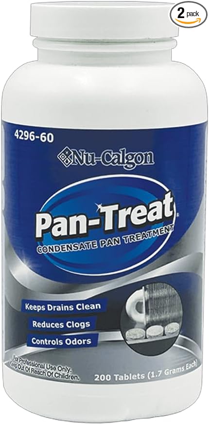 Nu-Calgon Upgraded 4296-60 Pan-Treat Condensate Drain Tablets (200 Tablets per Bottle) – Controls Odors &amp Prevents AC Drain Line Clogs Non-Toxic Non-Corrosive – 2 Cans [ 400 Tablets total ]