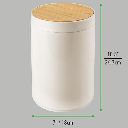 mDesign Plastic Round Trash Can Small Wastebasket - Garbage Bin Container with Swing-Close Lid - Bathroom Garbage Basket - Holds Waste Recycling - 1.3 Gallon - Basa Collection - Cream/Beige/Natural