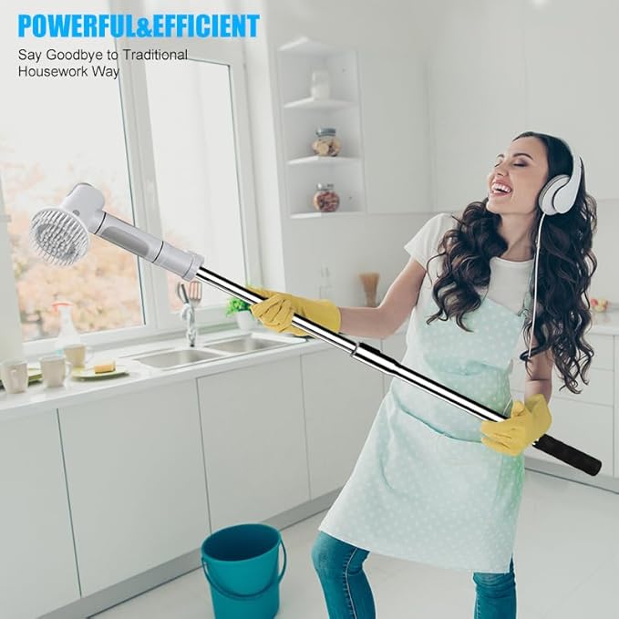 Electric Spin Scrubber Scrub Brush Dual Speed Power Shower Scrubber with 6 Replacement Head Cordless Cleaning Brush with Extension Handle for Bathtub Grout Tile Floor White