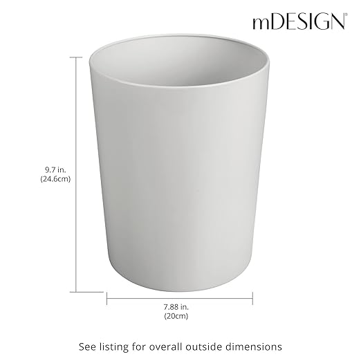 mDesign Round Metal Small 1.7 Gallon Recycle Trash Can Wastebasket Garbage Container Bin for Bathrooms Kitchen Bedroom Home Office - Durable Stainless Steel - Mirri Collection - Light Gray