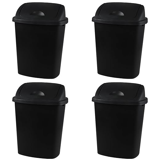 Xyskin 6 Gallon Plastic Swing Top Wastebasket Trash Can Commercial Trash Cans for Kitchen Garage or Workspace Black (4 Pack)