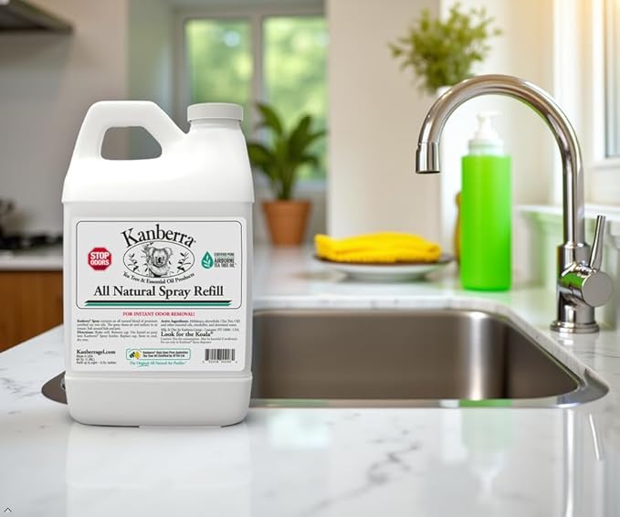 Kanberra Spray Refill - 64 oz. - All-Natural Odor Eliminator &amp Air Freshener for Home Car RV Boat Gym Bag | Eco-Friendly Long-Lasting Tea Tree Oil Formula Safe for Pets and Family.