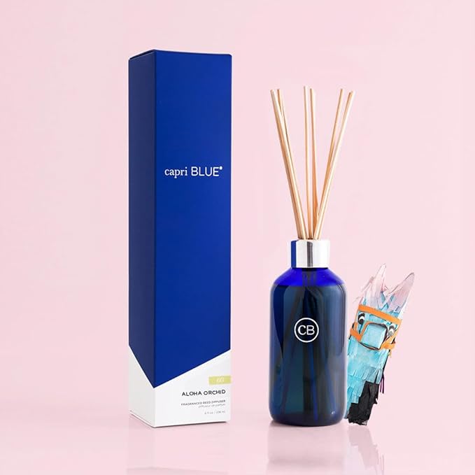 Capri Blue Aloha Orchid Reed Diffuser Set - Includes Reed Diffuser Sticks Fragrance Oil and Glass Bottle - Luxury Scented Room Fresheners - Cobalt Blue (8 fl oz)