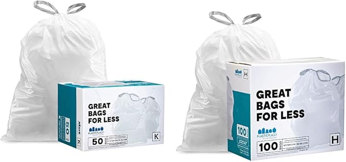 Plasticplace Custom Fit Trash Bags │ simplehuman Code K Compatible │ White Drawstring Garbage Liners 10 Gallon / 38 Liter │ 24.4 x 28 &amp simplehuman Code H Compatible Drawstring Garbage Liners W