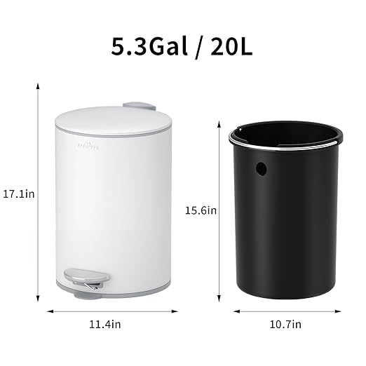 mVm Kitchen Trash Can5.3 Gallon/20 Lliter Step Round Trash Can with Lid and Foot PedalAnti-FingerprintSoft-Close.Stainless Steel Garbage Can for BathroomBedroomOfficeLiving Room (Matte White)