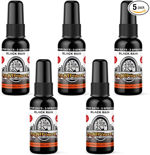 BluntPower (Black Rain 5 Pack) Concentrated Air Freshener - Premium Oil Based Air Freshener Spray For Home and Car - Long-Lasting Bathroom Spray Car Freshener &amp Odor Eliminator Spray