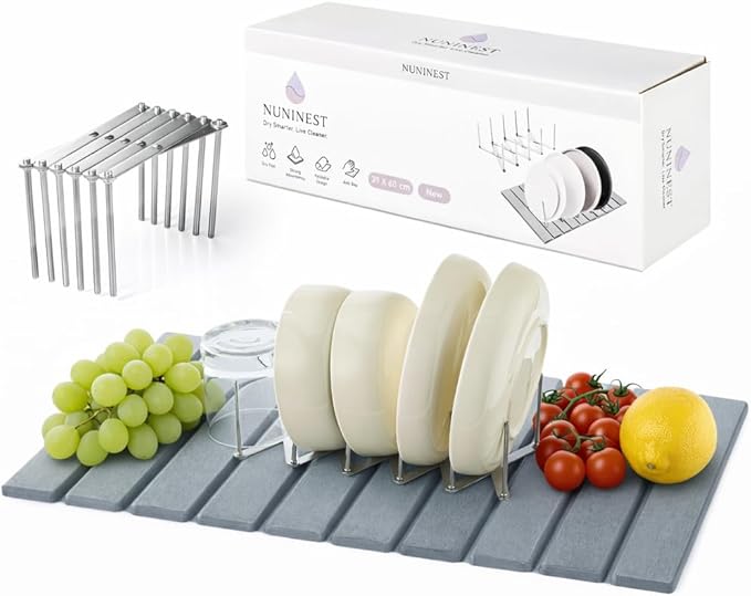 Diatomaceous Stone Dish Drying Mat with Collapsible Steel Rack - Quick Dry Kitchen Counter Set Space Saving Foldable Dryer