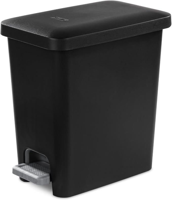 Sterilite 2.7 Gallon Rectangular StepOn Wastebasket with Lid Small Plastic Trash Can for the Bathroom Bedroom or Home Office Pedal and Liner Black 2-Pack