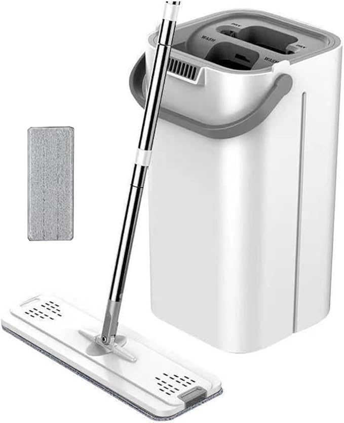 Hands-Free Flat Wet and Dry Dual-Use Mop with Bucket for Floor Cleaning Gray(White)