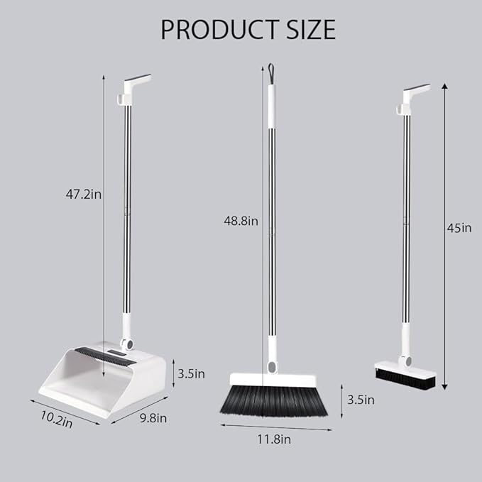 Upgrade Broom with Dustpan Combo SetLong Handle Self-Cleaning Dust Pan and Brush Set 4-Row Dense BristlesIndoor Broom Set (White)
