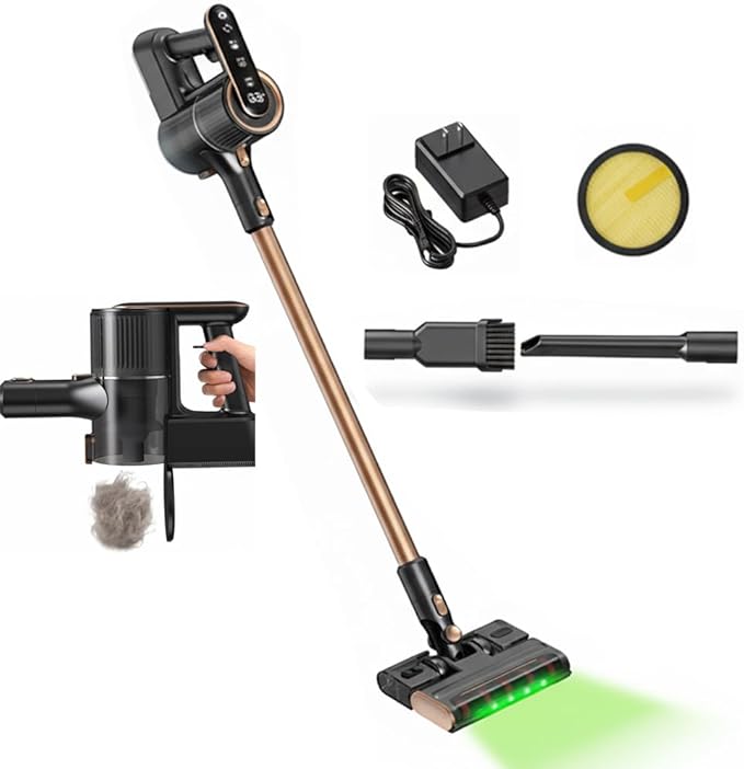 Cordless Vacuum Cleaner 15KPA Strong Suction 2-in-1 Vacuum Mop Combo with Green Light Dust Detection 3 Modes for Home Hard Floor Carpet Long Battery Life Smart LED Display (Black Gold)