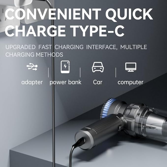 Car Vacuum Portable Cordless 19000PA Suction Power [3 Suction Modes] &amp 6000mAh Battery [USB-C Charging Cable] 4-in-1 Wireless Mini Handheld Cleaner for Home Car Pet Office