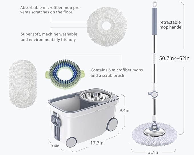 Spin Mop Bucket Deluxe 360 Spinning Floor Cleaning System with 6 Microfiber Replacement Head Refills62 Extended Handle4X Wheel for Home Cleaning