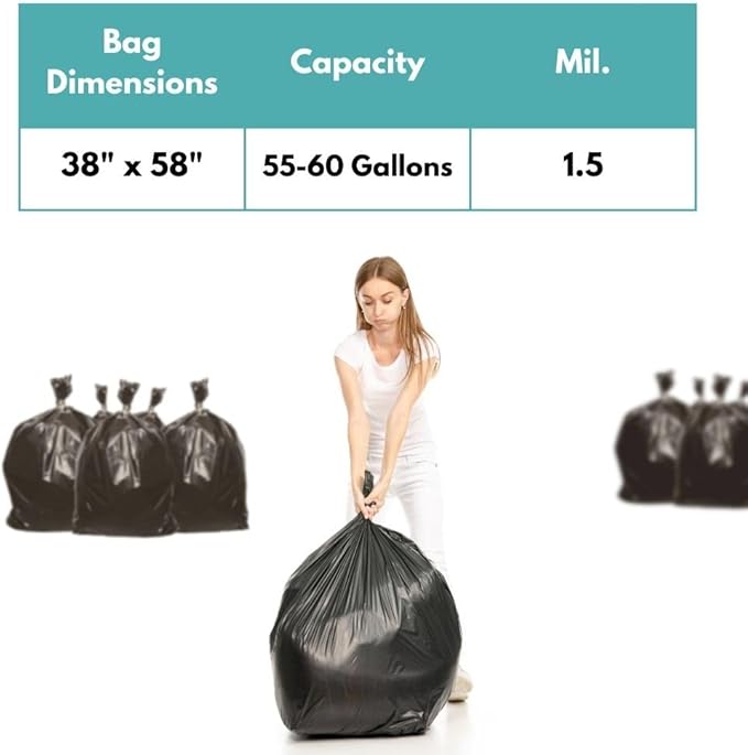 55-60 Gallon Black Trash Bag 1.5 Mil Thick 100 Bags Large Can Liners for Commercial Kitchen Office Multi-Use Garbage Bags