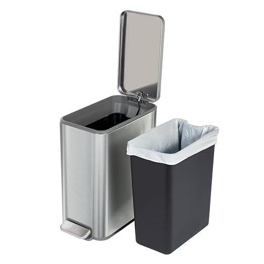 Glad Slim Bathroom Trash Can - Small Garbage Pail with Soft Close Lid &amp Step Foot Pedal | Narrow Stainless Steel Waste Basket with Removable Inner Bucket 2.6 Gallon