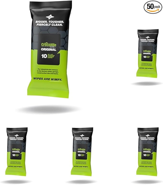 Crocodile Cloth Industrial Hand &amp Tool Cleaning Wipes - Heavy-Duty 10 x 15 Size Multi-Surface Cleaning Wipes 10 Count Per Package. Water Based Solution with Extreme Cleaning Power. Safe on Skin