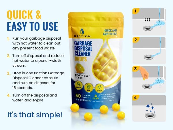 Bastion Garbage Disposal Cleaner Deodorizer Bundle - 24 Pack Disposer Tablets + 50 Count Lemon Zest Disposal Cleaning Drops