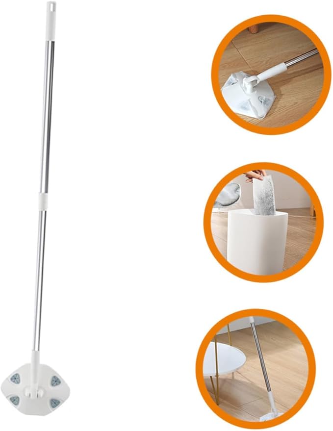 TIDTALEO Retractable Handle Dust Mop with Face Towel Replacement Handheld Floor Cleaning Dust Mop for Household Use Rotatable Triangular White Adjustable Cleaning Tool