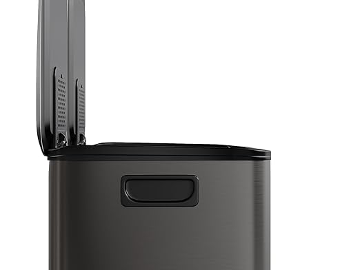 GarveeHome 2 x 4 gal Stainless Steel Double Trash Can with Lid for Kitchen Large Dual Trash and Recycle Bin Combo Step-on Kitchen Metal Garbage Cans PP Inner Buckets Liner Rim Black