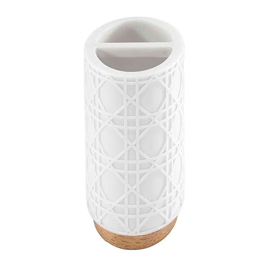 Nicole Miller - Toothbrush Holder Durable Resin Countertop Accessories with Faux-Wood Base Modern Bathroom Decor Dorm Room Essentials (Lena Collection White)