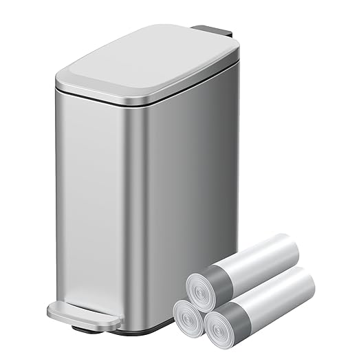 KUK Slim Bathroom Trash Can with Lid 1.6 Gal / 6L Stainless Steel Small Garbage Bin with Detachable Inner Bucket Step Pedal Silent Close Wastebasket for Toilet Bedroom Home Office (Silver)