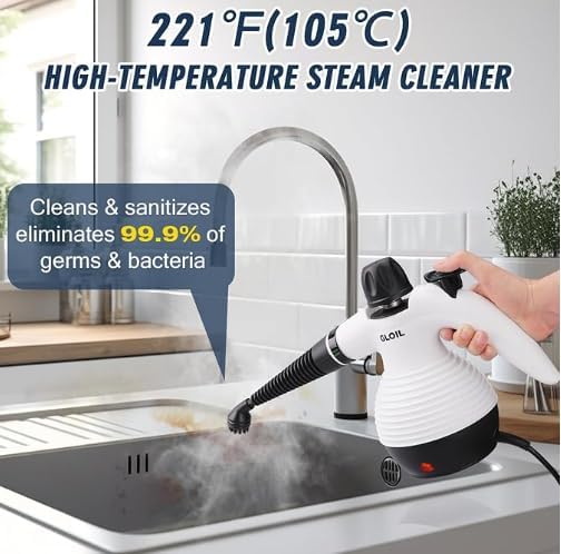 Handheld Steam Cleaner a versatile and portable home cleaning device comes with a 10-piece accessory set. Effortlessly removes stubborn stains like dirt and grease saving you time and effort.