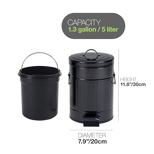 Bathroom Trash Can with Lid Small Waste Basket for Home Bedroom Retro Step Garbage Can with Soft Close Vintage Office Trash Can 5 Liter/ 1.3 Gallon Glossy Black