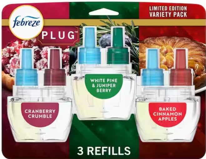 F.e.b.r.e.z.e Plug Variety 0.87 oz. Automatic Air Freshener Refill (3) (Cranberry Crumble White Pine and Cinnamon Apples)
