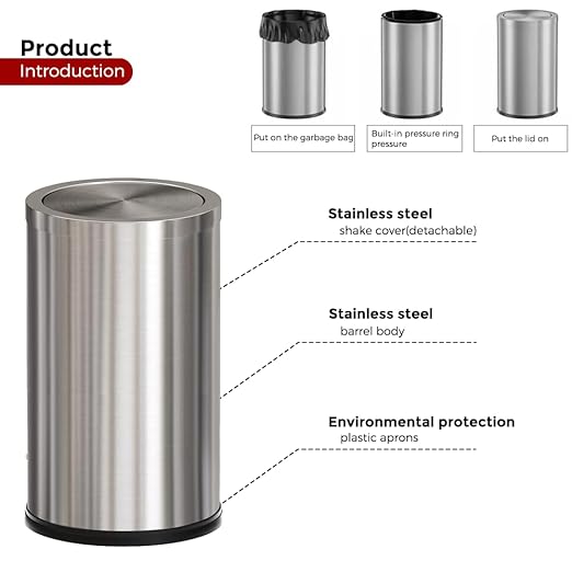 4.8GALStainless Steel Bathroom Trash Can with Lid Silver Trash Can with Flipping Lid Garbage cans for KitchenLiving RoomDental OfficeHotelGuest Room(4.7gal-Silver)