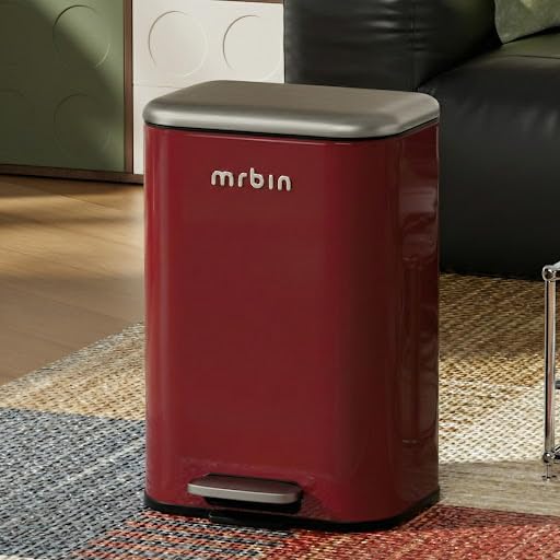 Metal Bathroom Trash Can with Stainless Steel Lid 23l / 6.1gal Covered Step Toilet Waste Basket Soft Close Rectangle Garbage Can with Inner Bucket for Medium Bedroom Near Desk Kitchen Office Red