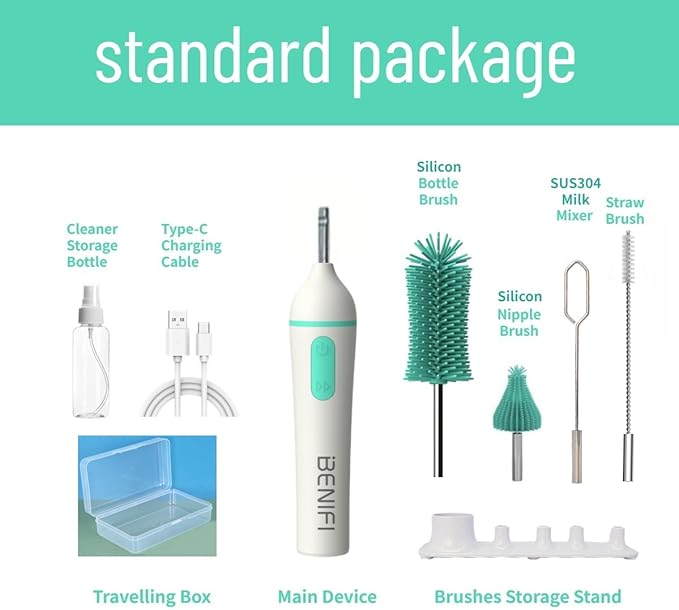 Travelling Electric Bottle Brush Cleaner Baby Bottle Brush Set Fully Water -Proof Bottle Brush Long Handle Brush BPA Free Silicon Brush Heads Drying Stand Milk Mixer Egg Whisk Included
