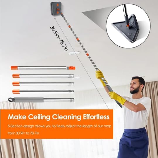 2 in 1 Baseboard Cleaner Mop with Squeegee Extendable Long Handle 8 Reusable Fiber Flannel Chenille Mop Pads 360° Rotatable Convex Design for Wall Ceiling Window