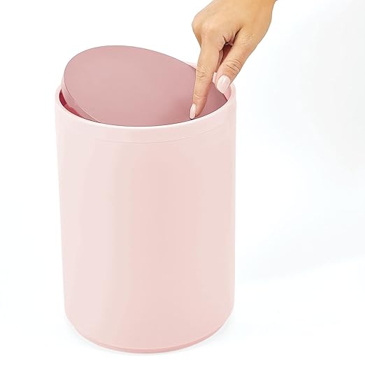 mDesign Plastic Small Slim Round 1.7 Gallon/6.5 Liter Trash Can with Removable Swing Lid - Light Pink/Rosette Pink