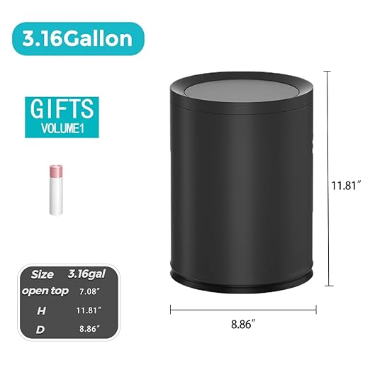 3.1Gallon/12L Modern Metal Bathroom Trash Can with LidLight LuxuryElegant Waste BasketBlack Garbage Canfor BathroomBedroomLiving Room KitchenOfficeBank (12L-Black)