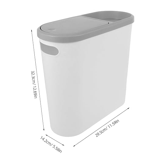 Plastic Trash Can with Press Lid Narrow Household Garbage Bin for Kitchen and Bathroom White-Grey Covered Wastebasket for Small Spaces