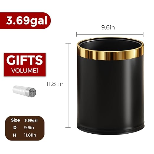14L/3.7GAL Black and GoldTrash canOpen Top Metal Office WastebasketGold Trash bin Without lid for OfficeHotelStoreRestaurant(Black 14)