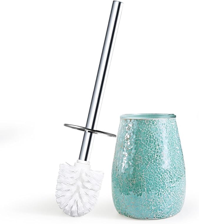 Escenzy Turquoise Green Toilet Brush and Holder Set Mosaic Glass | Non-Rustic Stainless Steel | Practical &amp Decorative Toilet Bowl Brush and Holder | Luxury Green Bathroom Accessories