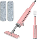 Portable Mini Self-Squeezing Flat Mop with Rotatable Head Reusable Microfiber Pads for Floor Window Sill Kitchen Bathroom &amp Tile Cleaning (Pink + 2 Cloths)