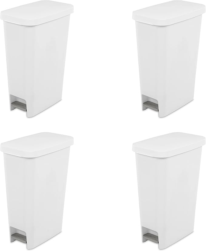 Sterilite 11 Gallon Slim StepOn Wastebasket with Lid Hands-Free Space-Saving Trash Can for the Kitchen or Bathroom White 4-Pack