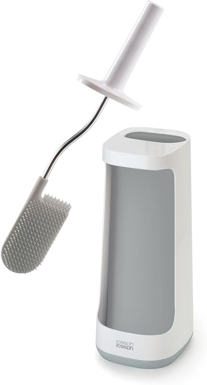 Joseph Joseph Flex Plus - Smart Hygienic Silicone Toilet Brush with Storage Bay Caddy flexible anti-drip anti-clog deep clean head - Large White/Grey