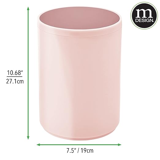 mDesign Plastic Small Slim Round 1.7 Gallon/6.5 Liter Trash Can with Removable Swing Lid - Light Pink/Rosette Pink