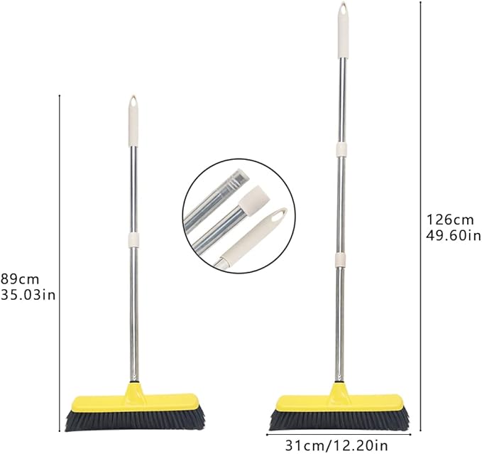 Push Broom with Long Handle Floor Brush 49.6 inch Soft Bristle Broom 12.2 Wide for Cleaning Bathroom Kitchen Patio Garage Deck Tile Floor