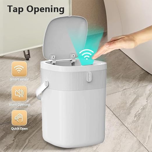 Automatic Motion Sensor Bathroom with Covered Trash Can One Smart Plastic Trash Cans Suitable for Bathrooms Offices Bedrooms Living Rooms (White)