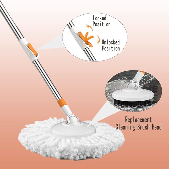 Floor Spin Mop and Bucket Set with Wringer System Extended Stainless Steel Handle 61for Home Floor Cleaning Use with 5 Replacement Head Refill and 1 Cleaning Brush Head