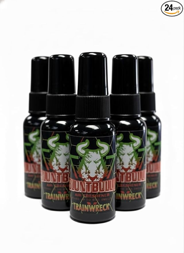 Blunt Bully Air Freshener (Trainwreck) Premium Oil Based Air Freshener Spray. Long-Lasting Room Bathroom Office &amp Car Scent | Eliminates Odors from Smoke Pets &amp More (Pack of 24)